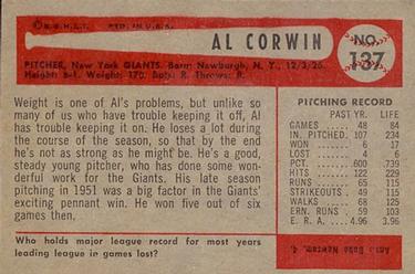 1954 Bowman #137 Al Corwin Back