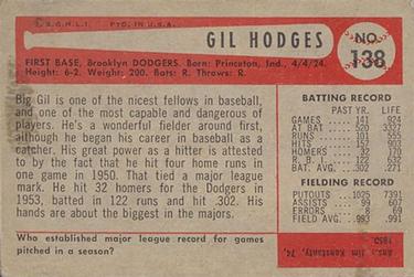1954 Bowman #138 Gil Hodges Back