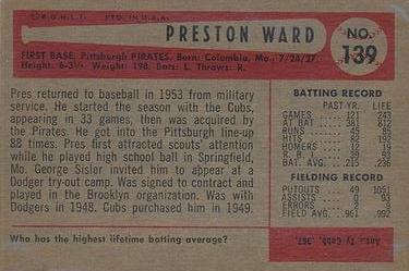 1954 Bowman #139 Preston Ward Back