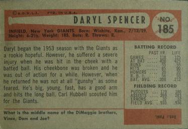 1954 Bowman #185 Daryl Spencer Back