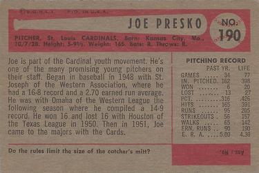 1954 Bowman #190 Joe Presko Back
