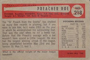 1954 Bowman #218 Preacher Roe Back