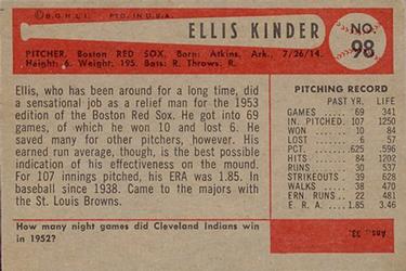 1954 Bowman #98 Ellis Kinder Back