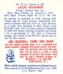 1988 Card Collectors 1949 Bowman Reprint #53 Jack Kramer Back