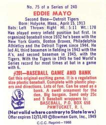 1988 Card Collectors 1949 Bowman Reprint #75 Eddie Mayo Back