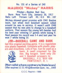 1988 Card Collectors 1949 Bowman Reprint #151 Mickey Harris Back