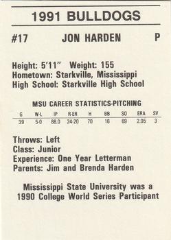 1991 Mississippi State Bulldogs #NNO Jon Harden Back