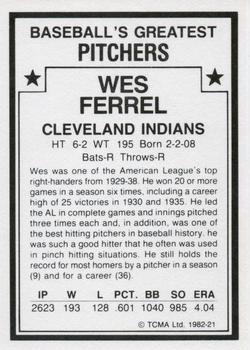 1982 TCMA Baseball's Greatest Pitchers (White Back) #21 Wes Ferrell Back