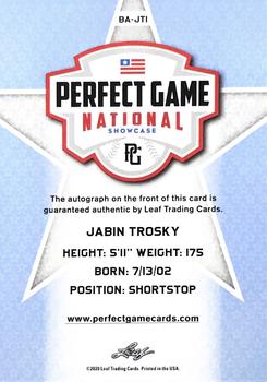 2020 Leaf Perfect Game National Showcase - Blue #BA-JT1 Jabin Trosky Back