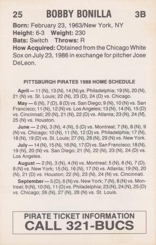 1988 Pittsburgh Pirates Schedule Postcards #NNO Bobby Bonilla Back