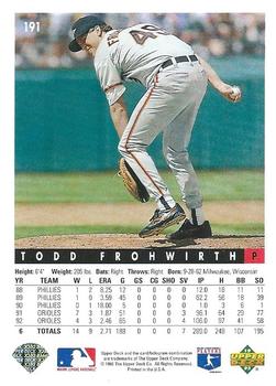 1993 Upper Deck #191 Todd Frohwirth Back
