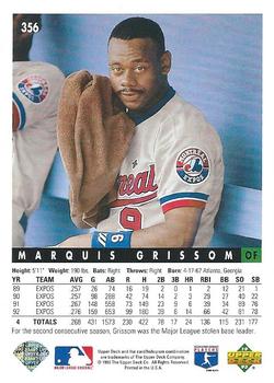 1993 Upper Deck #356 Marquis Grissom Back