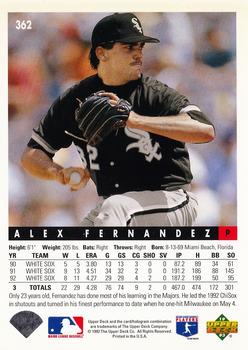 1993 Upper Deck #362 Alex Fernandez Back