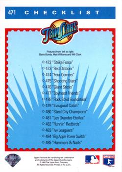 1993 Upper Deck #471 Team Stars Checklist (Barry Bonds / Matt Williams / Will Clark) Back