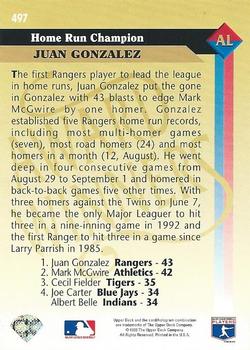1993 Upper Deck #497 Juan Gonzalez Back