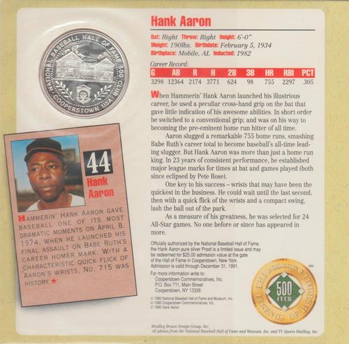 1990 National Baseball Hall of Fame and Museum The Legends of Baseball 500 Club #NNO Hank Aaron Back