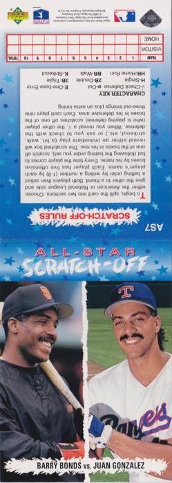 1993 Upper Deck Fun Pack - All-Star Scratch-Off #AS7 Barry Bonds / Juan Gonzalez Front