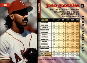 1994 Bowman #45 Juan Gonzalez Back