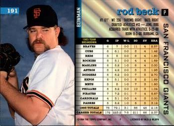 1994 Bowman #191 Rod Beck Back
