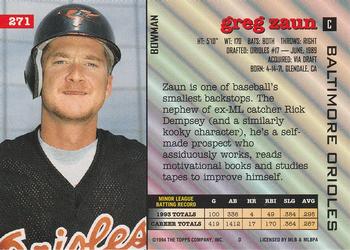 1994 Bowman #271 Gregg Zaun Back