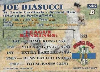1994 Bowman #346 Joe Biasucci Back