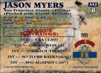 1994 Bowman #352 Jason Myers Back