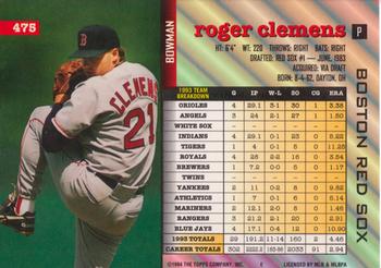 1994 Bowman #475 Roger Clemens Back