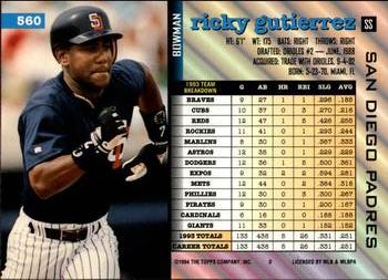 1994 Bowman #560 Ricky Gutierrez Back