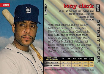 1994 Bowman #209 Tony Clark Back