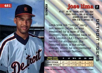 1994 Bowman #481 Jose Lima Back