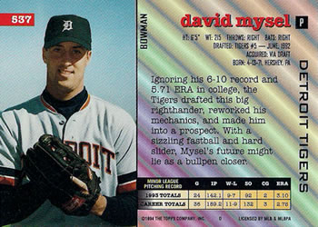 1994 Bowman #537 David Mysel Back