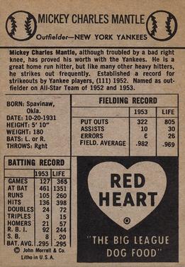 1954 Red Heart Dog Food #NNO Mickey Mantle Back