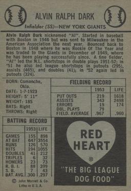 1954 Red Heart Dog Food #NNO Alvin Dark Back