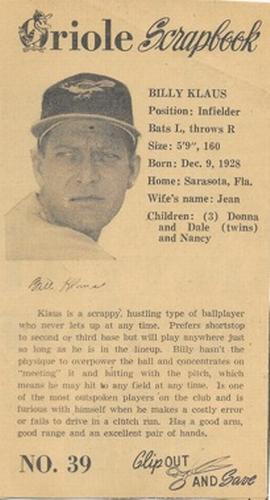 1960 Baltimore News-Post Baltimore Orioles Scrapbook Cards #39 Billy Klaus Front