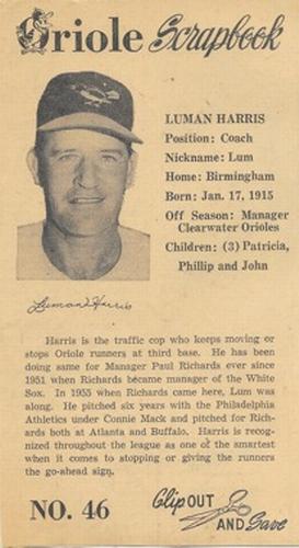 1960 Baltimore News-Post Baltimore Orioles Scrapbook Cards #46 Lum Harris Front