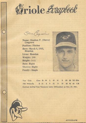 1962 Baltimore News-Post Baltimore Orioles Scrapbook Cards #NNO Steve Cosgrove Front