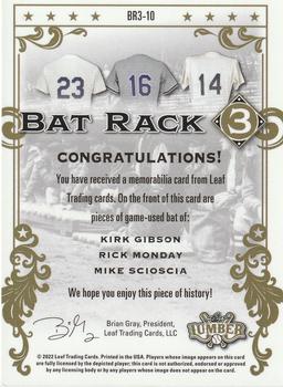 2022 Leaf Lumber - Bat Rack 3 Relics Pewter #BR3-10 Kirk Gibson / Rick Monday / Mike Scioscia Back