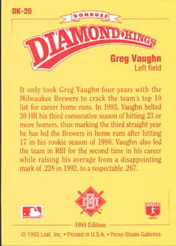 1994 Donruss - Diamond Kings #DK-20 Greg Vaughn Back