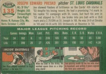 1954 Topps #135 Joe Presko Back