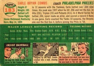1954 Topps #183 Earle Combs Back