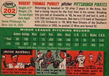 1954 Topps #202 Bob Purkey Back