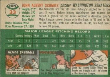 1954 Topps #33 Johnny Schmitz Back