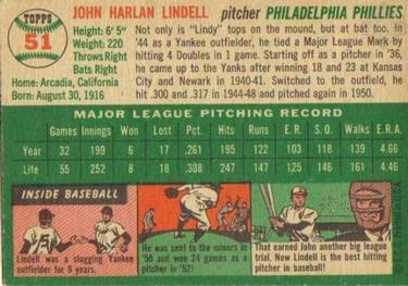 1954 Topps #51 Johnny Lindell Back