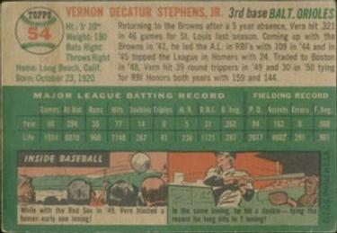 1954 Topps #54 Vern Stephens Back