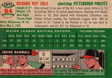 1954 Topps #84 Dick Cole Back