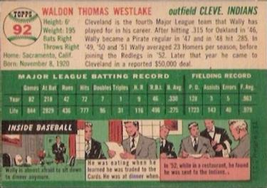 1954 Topps #92 Wally Westlake Back