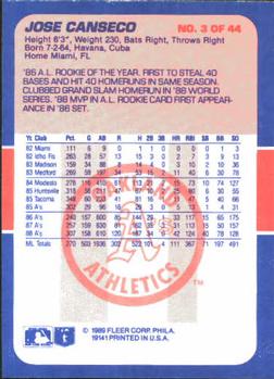 1989 Fleer Baseball's Exciting Stars #3 Jose Canseco Back