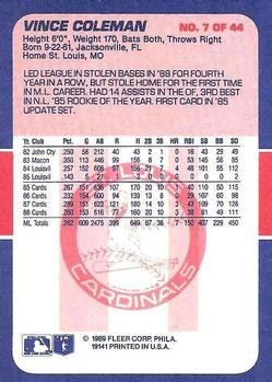 1989 Fleer Baseball's Exciting Stars #7 Vince Coleman Back