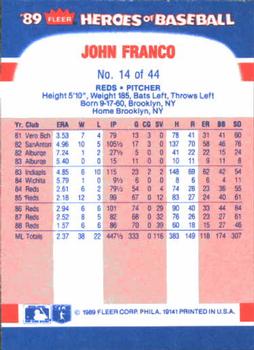1989 Fleer Heroes of Baseball #14 John Franco Back