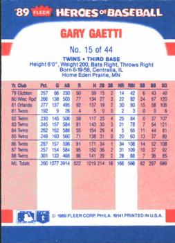 1989 Fleer Heroes of Baseball #15 Gary Gaetti Back
